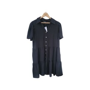 1.State Black Chiffon Baby Doll Tiered Puff Sleeve Dress Sz L / NWT